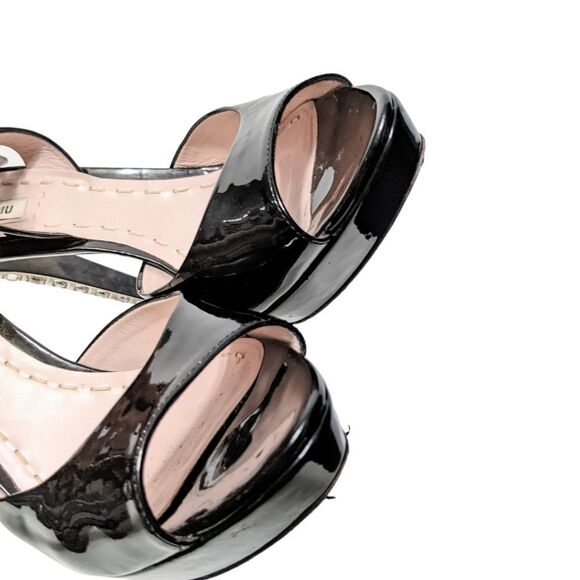 MIU MIU Black Patent Crystal Heeled Platform Peep Toe Sandals 40 - Picture 8 of 13